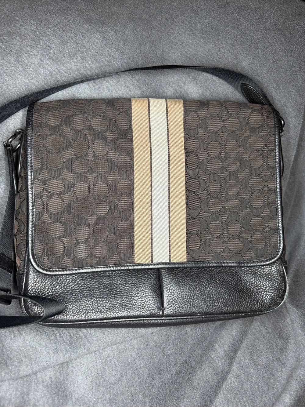Coach Brown Signature Canvas Messenger with Beige Stripe